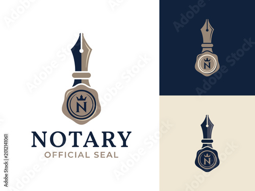Konstfotografi This image showcases a sophisticated notary official seal featuring a classic fountain pen and a seal with an 'N', symbolizing trust and authority in documentation and agreements