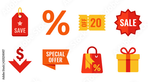 Bild auf Leinwand Shopping Icons Collection: A vibrant compilation of shopping-themed icons, symbolizing discounts, sales, and special offers, essential for any retail or e-commerce platform