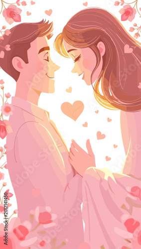 Foto Eternal Romance: A tender embrace of a couple, their hearts intertwined amidst a shower of petals and love, embodying the essence of enduring love and blissful connection