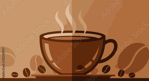 Schilderij op canvas Aromatic Coffee: An artistic depiction of a steaming coffee cup, complemented by scattered coffee beans, evoking the warmth and rich aroma of a perfect brew