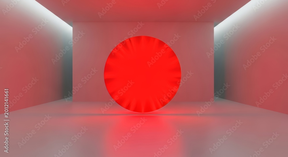 Obraz premium A vibrant red circular portal emits a powerful crimson glow within a minimalist white gallery space featuring sharp lines and soft shadows, modern, scifi, glow
