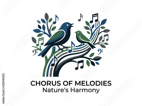 Quadro em tela This artistic logo combines singing birds and musical notes, beautifully illustrating the harmony of nature and music, perfect for brands related to arts, music, and nature