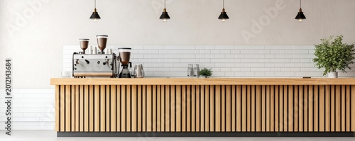 Clean Modern Coffee Bar Interior Front view with espresso machine, wooden slatted counter, white subway tiles, pendant lights and green plant. Minimalist Cafe Concept. ,Coffee Shop