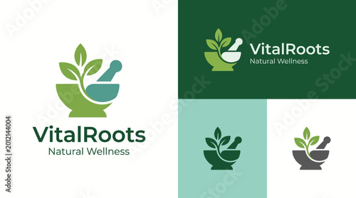 Schilderij op canvas This wellness logo incorporates a mortar and pestle with plant elements, signifying natural remedies and a holistic approach to health and wellness