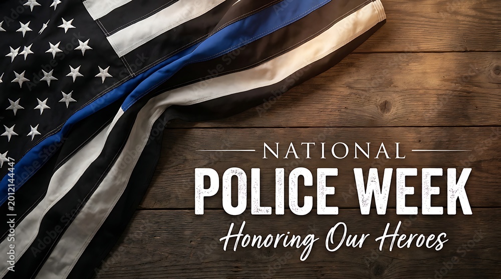 Obraz premium National police week honoring heroes with thin blue line American flag draped over rustic wood surface.