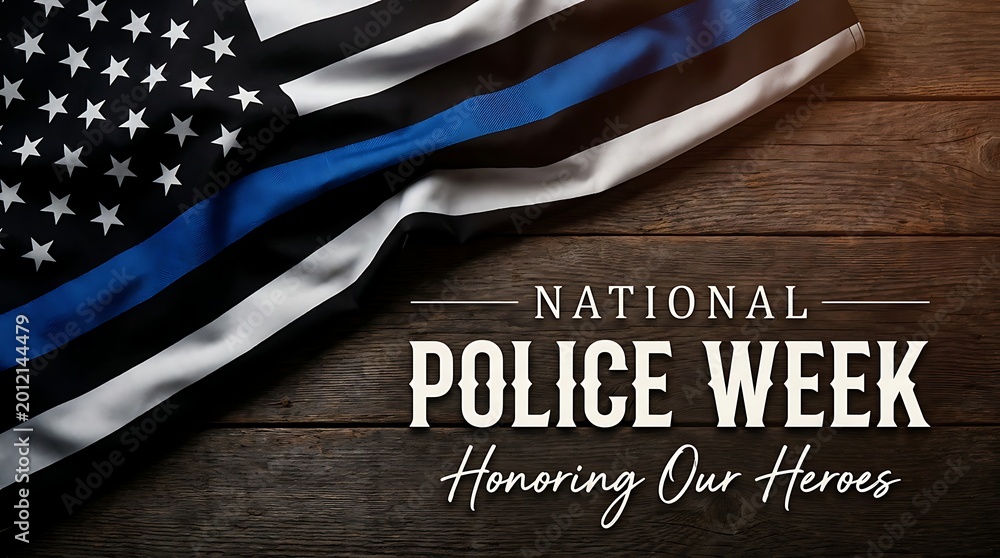 Fototapeta premium National police week honoring heroes with thin blue line American flag draped over rustic wood surface.