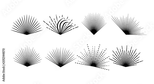 Collection of abstract sunburst vector shapes with radiating lines and gradients.