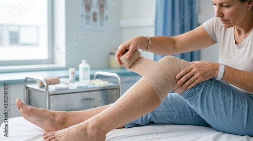 Mature woman wrapping an elastic compression bandage on her knee in a bright medical clinic for injury treatment concept and rehabilitation