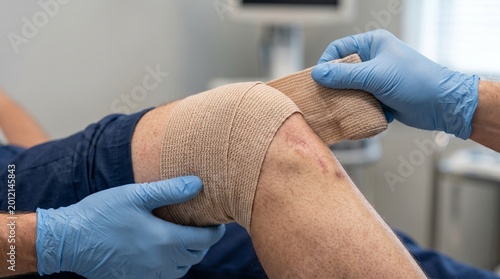 Professional applying elastic bandage to a patient's knee in a medical office for injury rehabilitation concept and orthopedic support