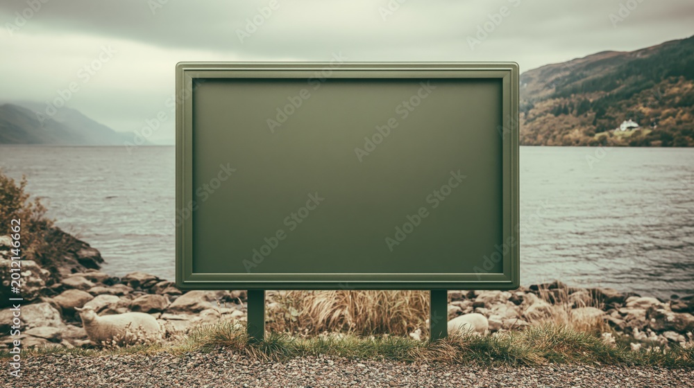 Obraz premium Empty Billboard Displaying Green Screen Overlooking Scenic Lake and Hilly Landscape