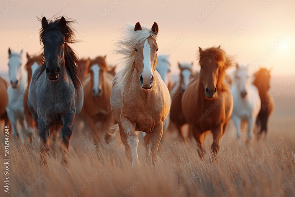 Obraz premium Herd of horses running through a dry grass field at sunset
