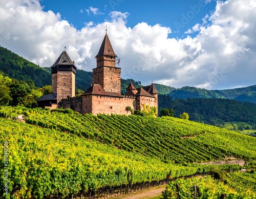 A scenic view of a medieval castle perched atop a hill overlooking a vibrant vineyard under a blue sky
