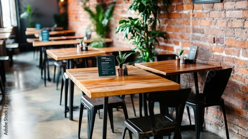 Modern industrial cafe interior empty rustic wooden tables and black chairs line a textured brick wall with green plants. Peaceful, inviting ambiance for a new day.,hospitality, cafe