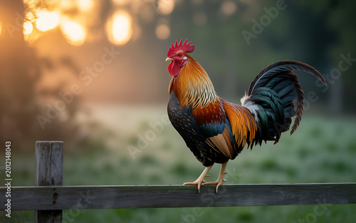 Beautiful Rooster Standing on Fence at Sunrise