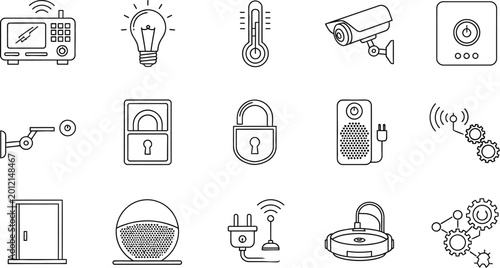 Smart home security system icons including locks and devices