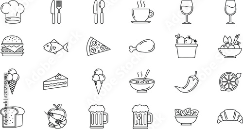 Various food and drink icons in a minimalist vector graphic illustration style