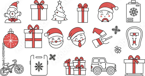 Christmas icons set with gifts, trees, snowmen, and festive symbols in red and white