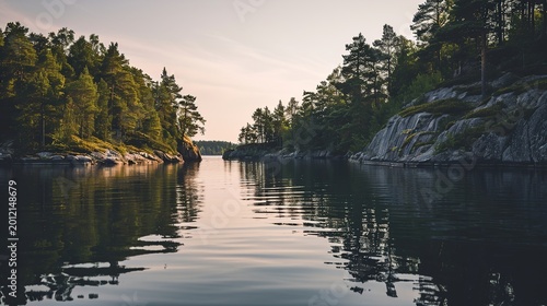 Serene fjord landscape with calm reflective water flanked by pine-covered rocky cliffs at sunset