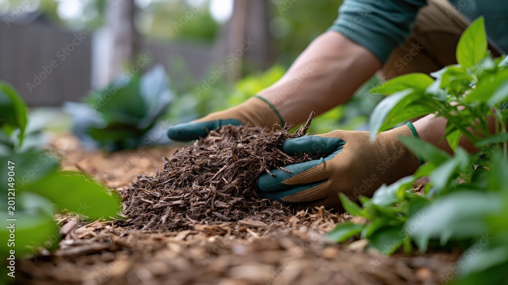 Fototapeta premium Gardener's hands wearing gloves carefully spreading mulch in a lush vegetable garden bed