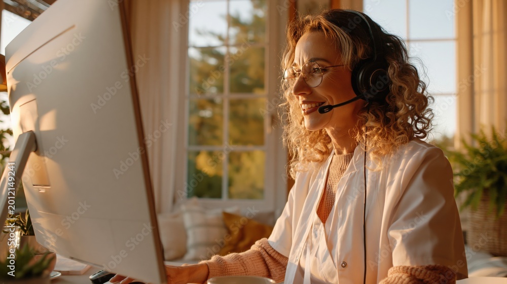 Fototapeta premium Smiling woman with headset working from home on computer, professional remote work setting with natural light