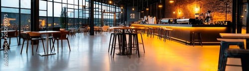 Panoramic modern cafe bar interior at dusk, featuring a warmly lit counter, large windows and varied seating in a spacious, inviting space, Hospitality, Interior