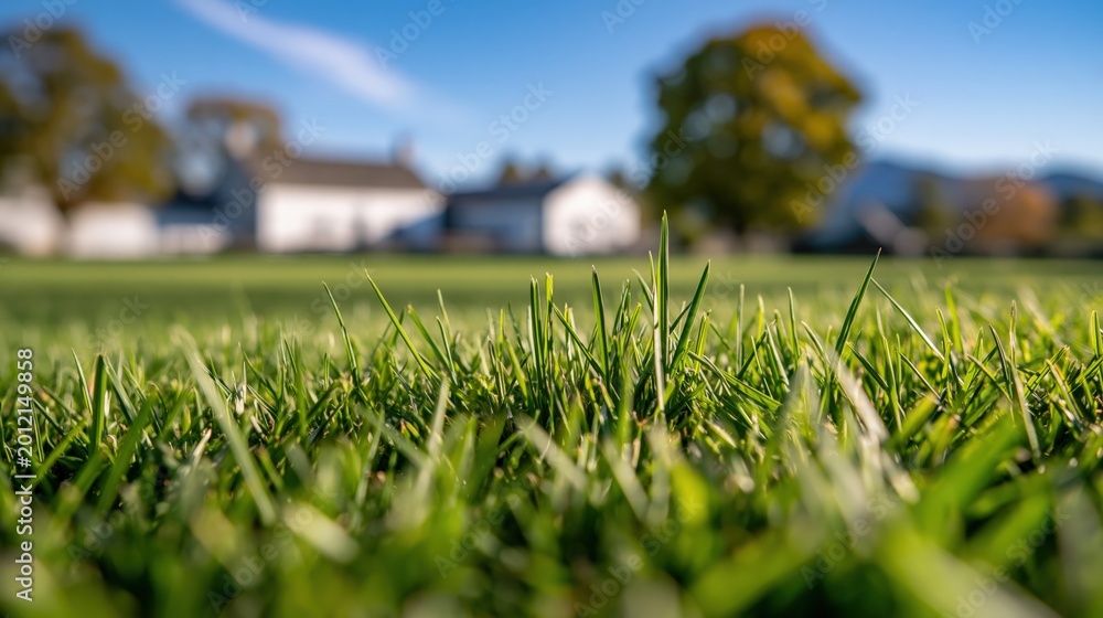 Obraz premium Vibrant green grass close-up with a blurred idyllic countryside village scene in the background on a sunny day