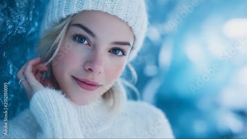 Young woman wearing a white knit beanie and sweater in winter