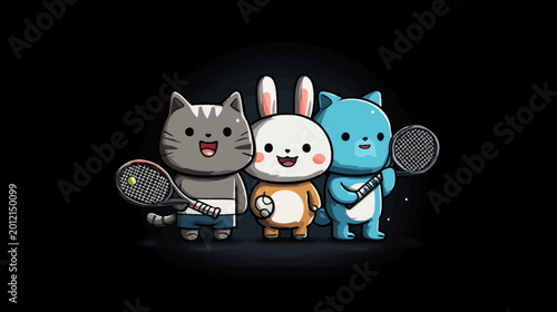 Cheerful kawaii cartoon animal friends with tennis rackets and a ball, cute anthropomorphic cat, bunny, and blue creature ready to play sports on black