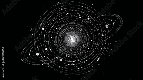 Abstract Digital Cosmic Orbiting System. Futuristic Space Illustration with Swirling Paths and Luminous Orbs on Black.