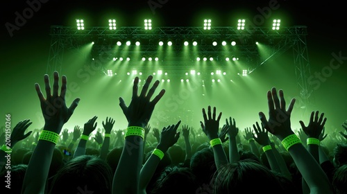 Energetic Crowd with Hands Raised in Anticipation of a Green Lit Concert Performance