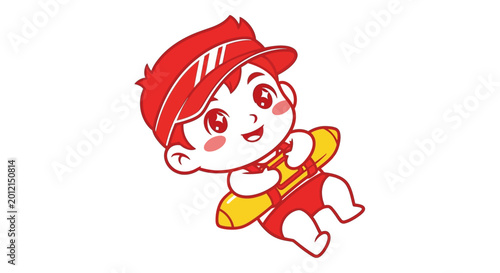 Foto Cartoon child in red outfit flying.