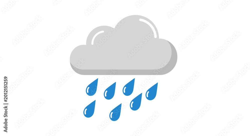 Obraz premium Flat vector illustration of a grey cloud with blue raindrops isolated on white background