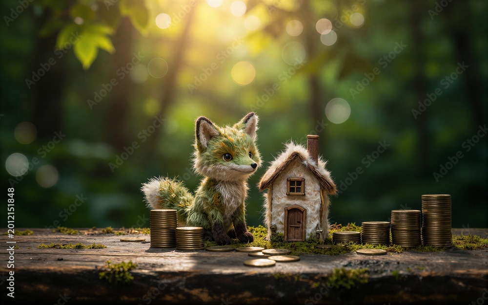 Fototapeta premium A fox with green fur sits beside a tiny house and stacks of coins in
