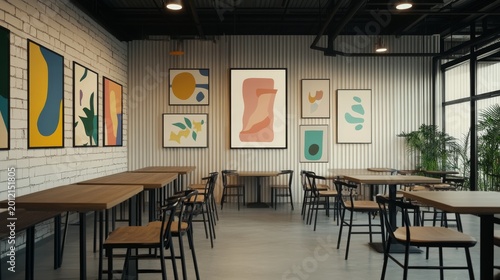 Vibrant Modern Cafe Interior Abstract Art-Adorned Walls, Industrial Ceiling and Minimalist Wooden Tables define an inviting contemporary dining space. Cafe, Design
