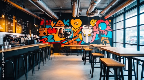 Wide shot of a vibrant, empty modern cafe interior with a striking graffiti mural, industrial ceiling and inviting bartable seating., Coffee , UrbanArt