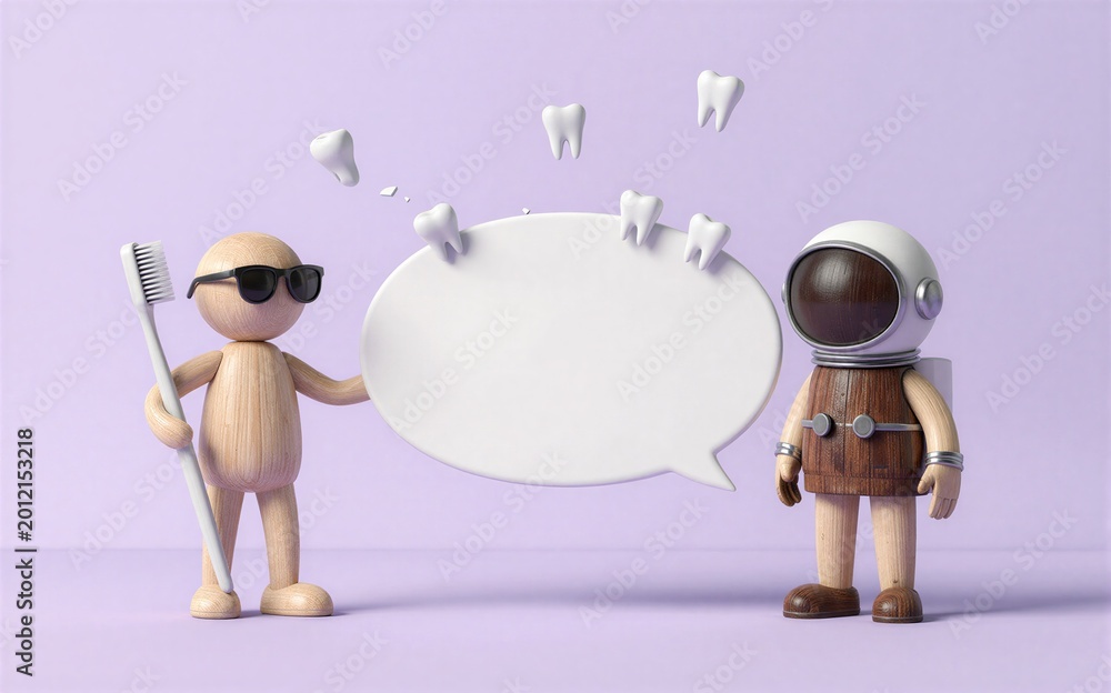Fototapeta premium Two wooden figures discuss dental hygiene one holding a toothbrush.