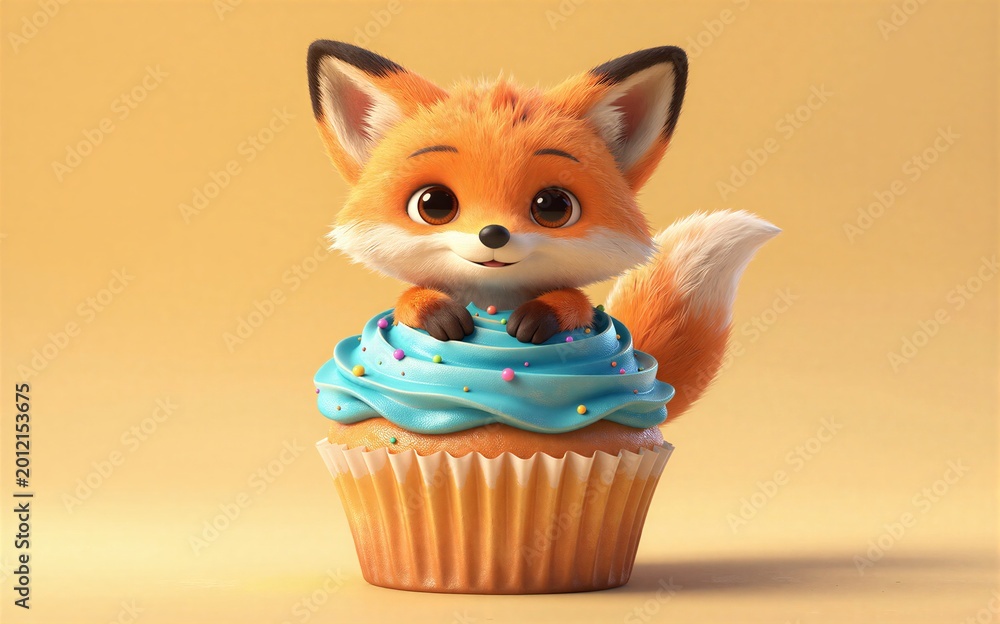 Fototapeta premium Adorable fox peeking out of a blue-frosted cupcake with colorful