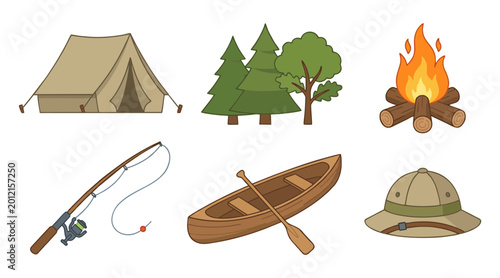 Bild auf Leinwand Set of colorful camping equipment icons including a tent campfire fishing rod ca