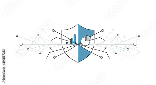 Secure data shield illustration with business charts and network nodes