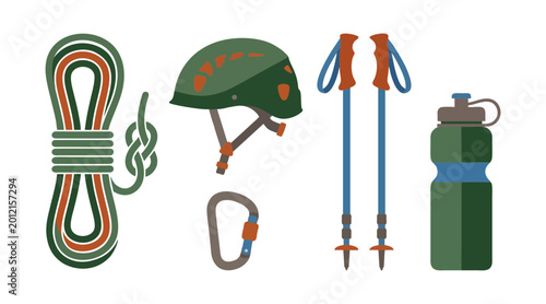 Bilde på lerret Collection of essential mountaineering equipment including a climbing rope helme