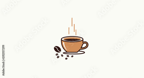 Steaming coffee cup with beans on white background