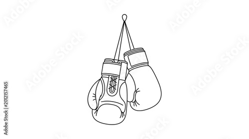 Line art illustration of a pair of boxing gloves hanging on a hook, symbolizing the sport, training, or a completed fight.