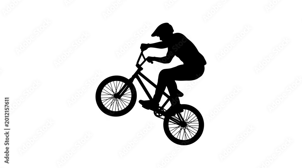 Fototapeta premium Silhouette of a person performing a wheelie on a BMX bicycle, depicted in black against a plain white background.