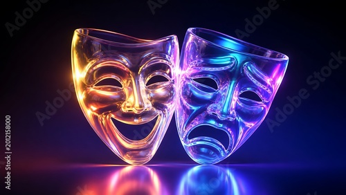 Dramatic theater masks comedy and tragedy vibrant neon lighting and reflections high-quality