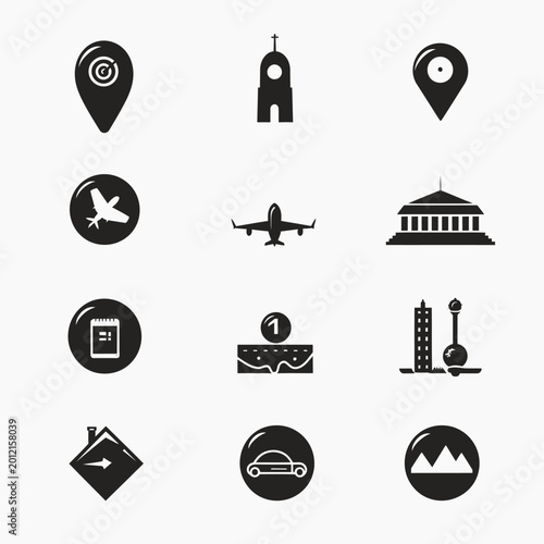 Set of black and white travel and location icons on a white background