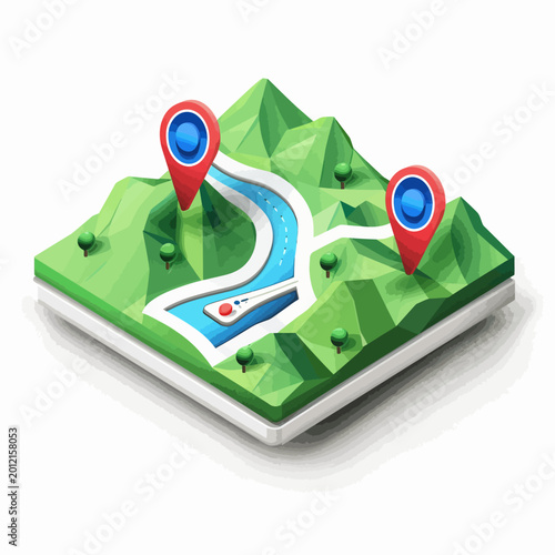 Isometric map illustration with navigation pins and a river through a green landscape