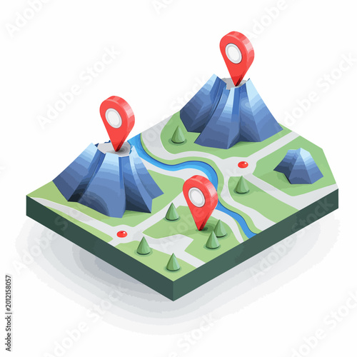 Isometric map with location markers on mountains and a river illustration
