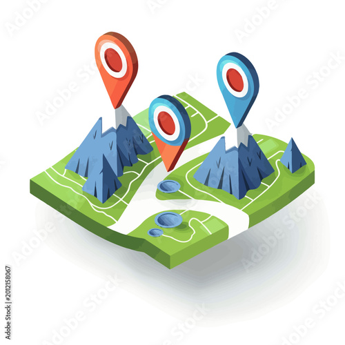 Isometric map with location markers indicating destinations and navigation