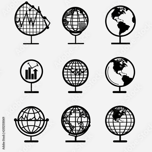 Globe icons representing analytics charts and international business concepts