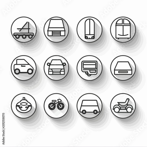 Transportation icons set of various vehicles in circle outlines on white